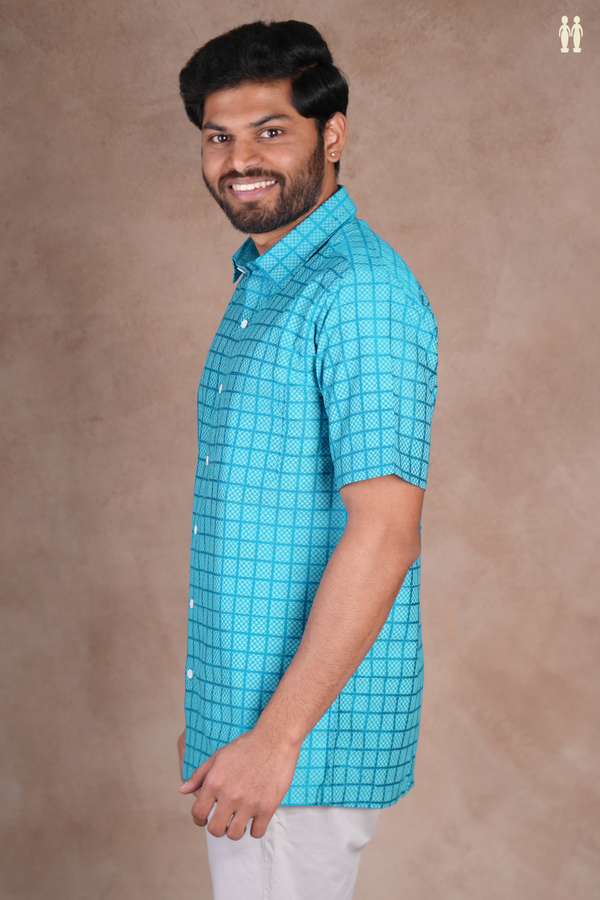 Regular Collar Checks Design Cerulean Blue Cotton Shirt