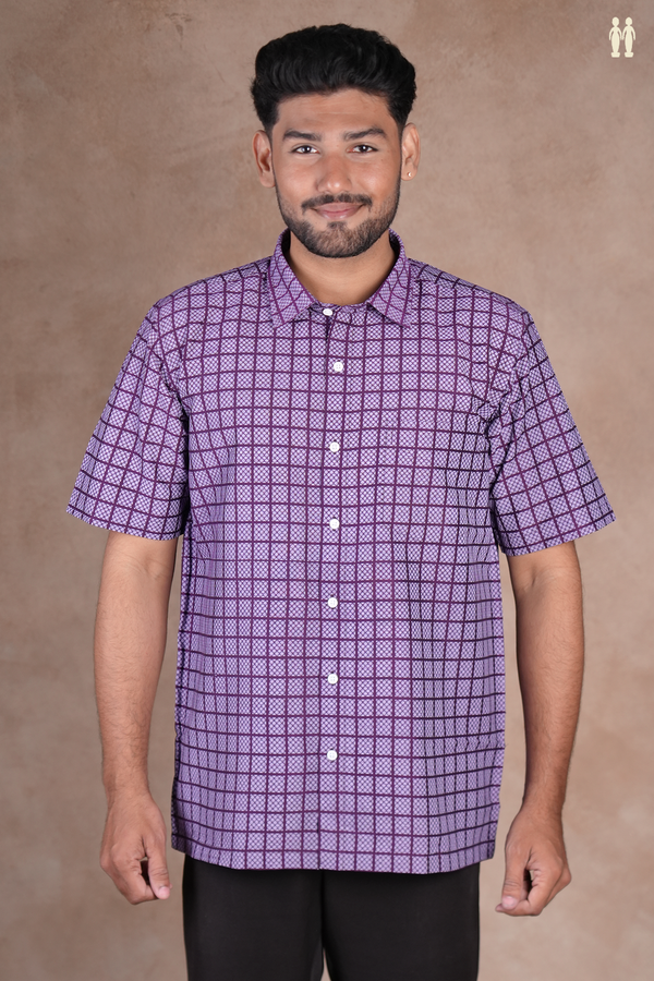 Regular Collar Checks Design Grape Purple Cotton Shirt