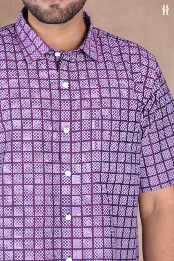 Regular Collar Checks Design Grape Purple Cotton Shirt