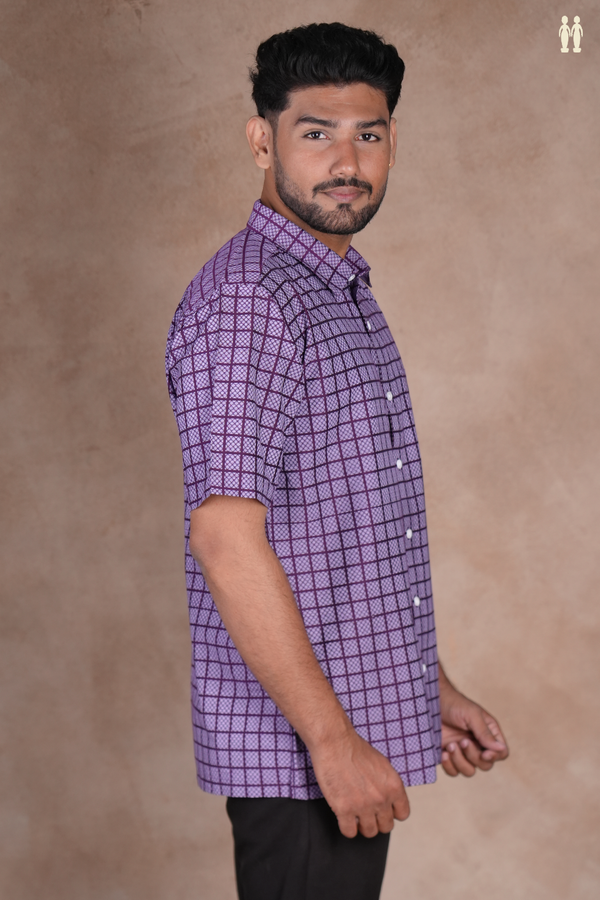 Regular Collar Checks Design Grape Purple Cotton Shirt