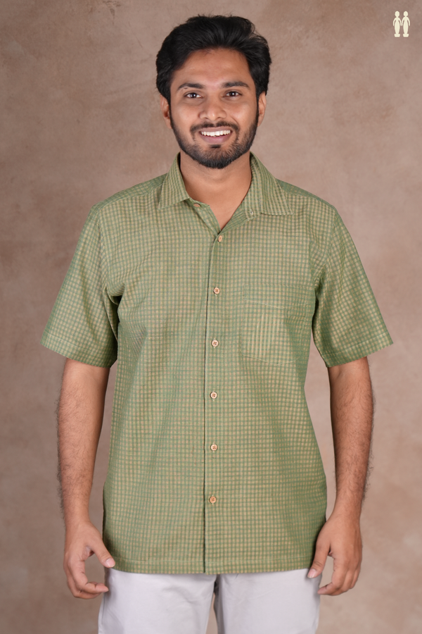 Regular Collar Checks Design Green Cotton Shirt
