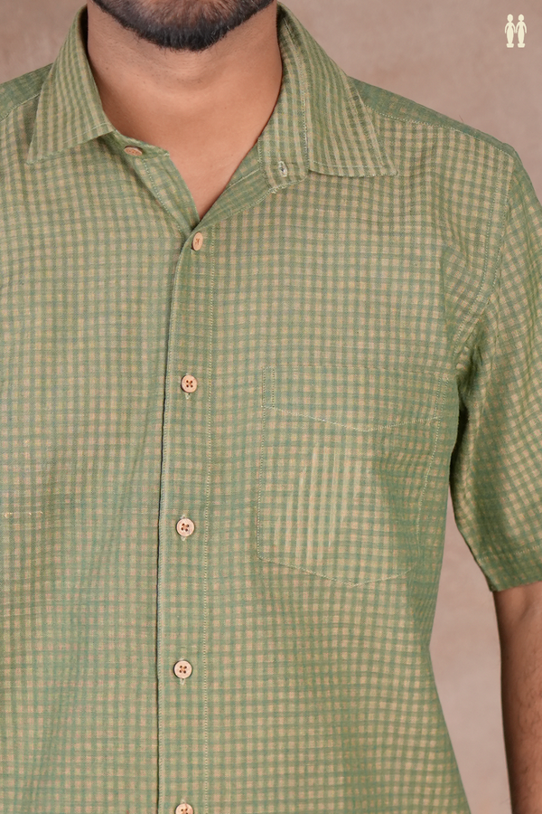 Regular Collar Checks Design Green Cotton Shirt