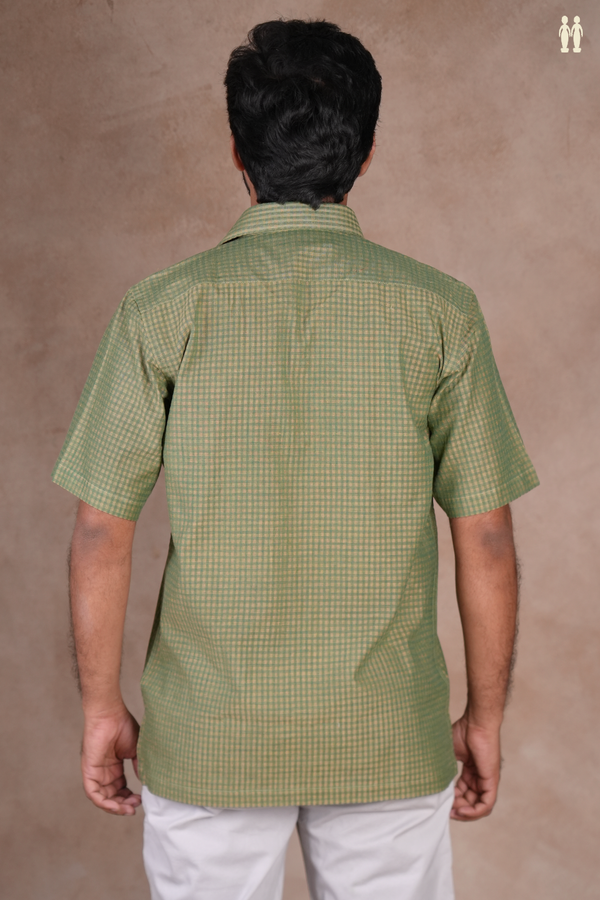 Regular Collar Checks Design Green Cotton Shirt