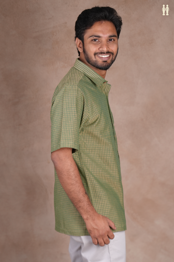 Regular Collar Checks Design Green Cotton Shirt