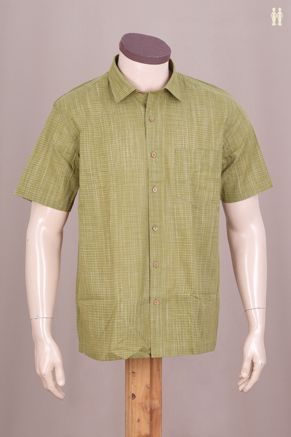 Regular Collar Checks Design Moss Green Cotton Shirt