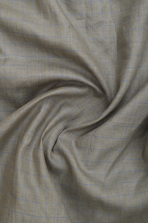 Regular Collar Checks Design Olive Green Linen Shirt