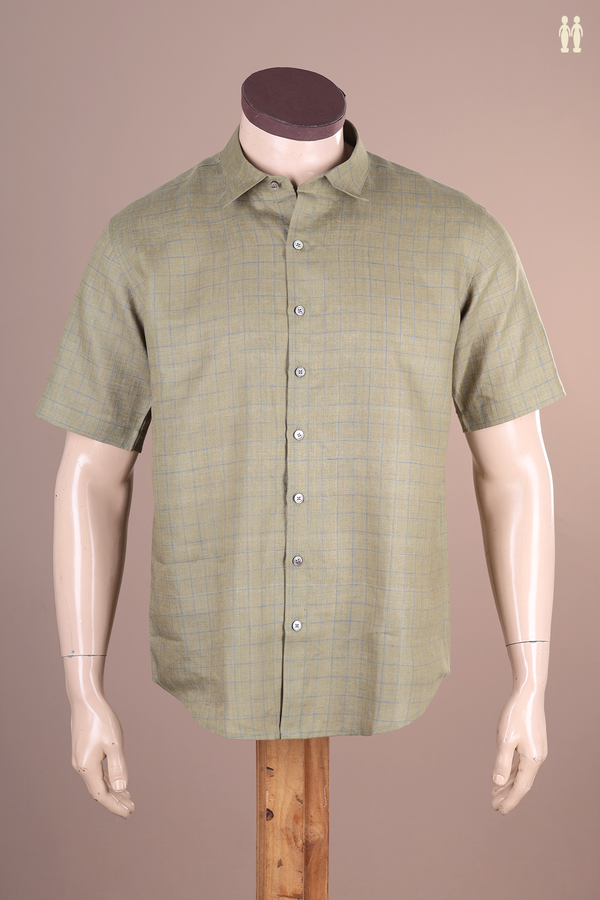 Regular Collar Checks Design Olive Green Linen Shirt