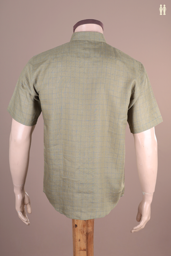 Regular Collar Checks Design Olive Green Linen Shirt