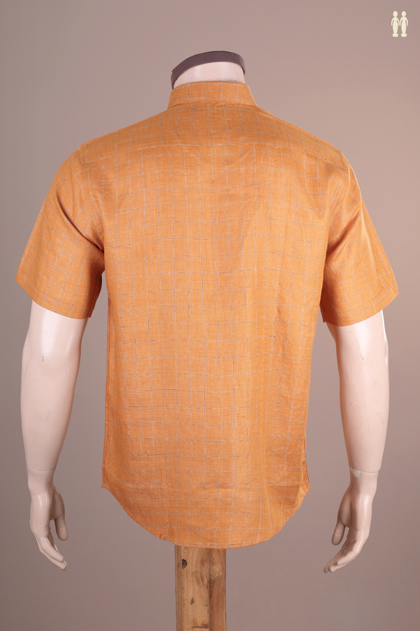Regular Collar Checks Design Orange Linen Shirt