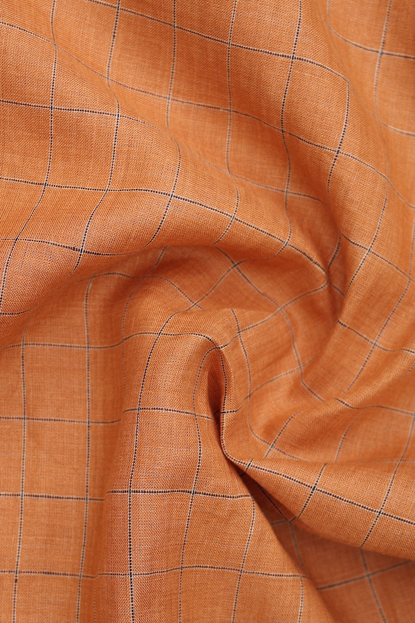 Regular Collar Checks Design Orange Linen Shirt