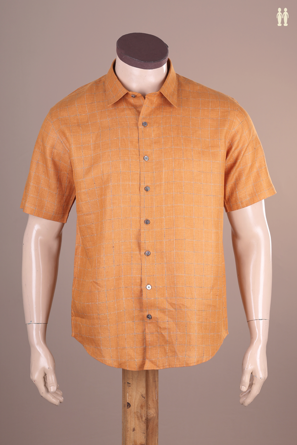 Regular Collar Checks Design Orange Linen Shirt