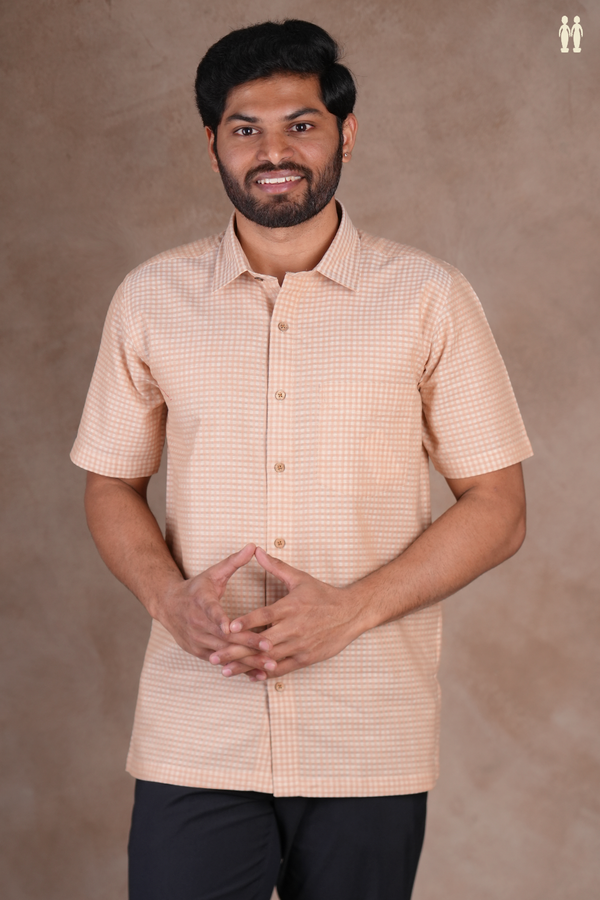 Regular Collar Checks Design Pastel Orange Cotton Shirt