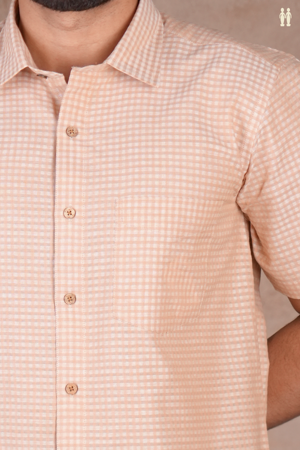 Regular Collar Checks Design Pastel Orange Cotton Shirt