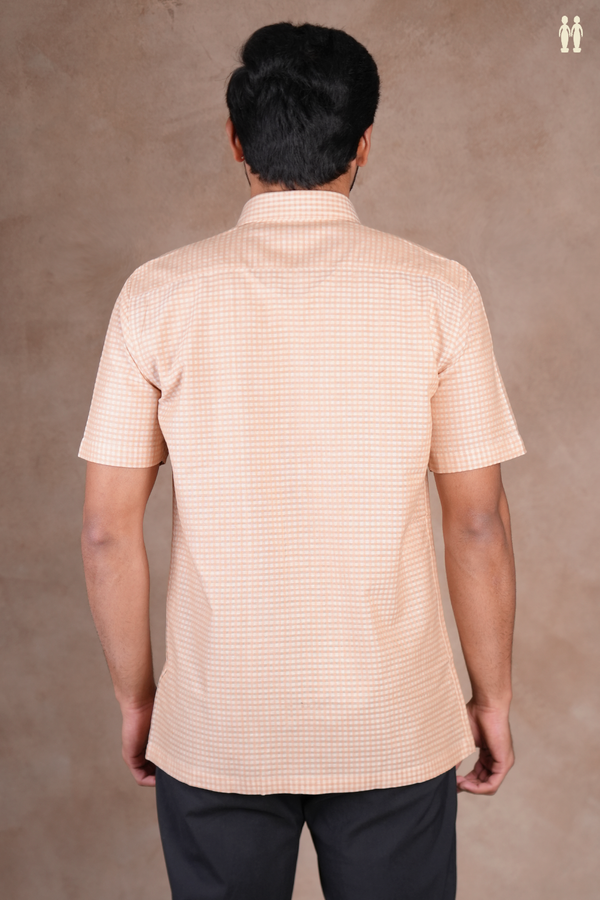 Regular Collar Checks Design Pastel Orange Cotton Shirt