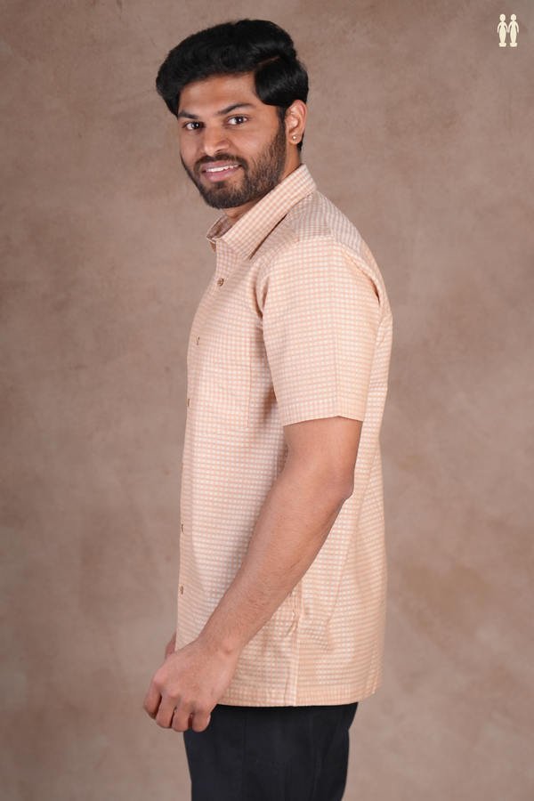 Regular Collar Checks Design Pastel Orange Cotton Shirt