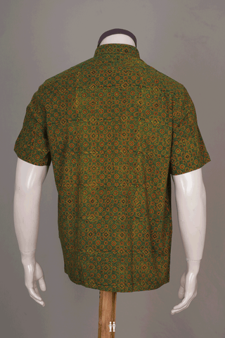 Regular Collar Dark Green Ajrakh Printed Cotton Shirt