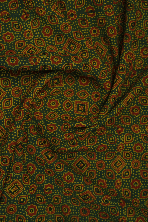 Regular Collar Dark Green Ajrakh Printed Cotton Shirt