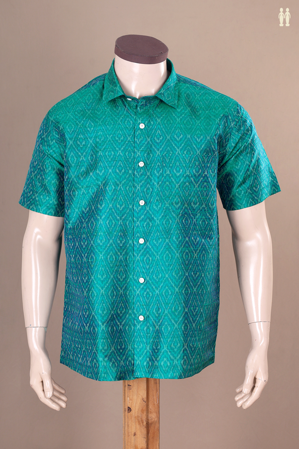 Regular Collar Diamond Design Teal Green Raw Silk Shirt