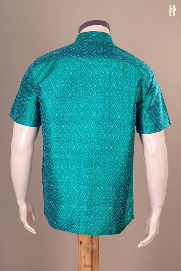 Regular Collar Diamond Design Teal Green Raw Silk Shirt