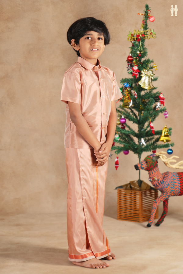 Regular Collar Dusty Brown Silk Shirt With Velcro Dhoti Set