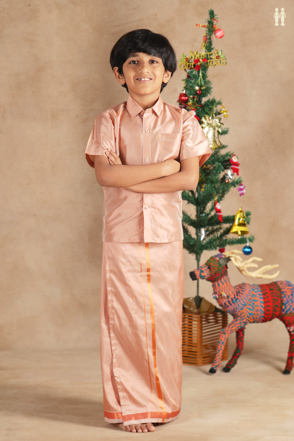 Regular Collar Dusty Brown Silk Shirt With Velcro Dhoti Set