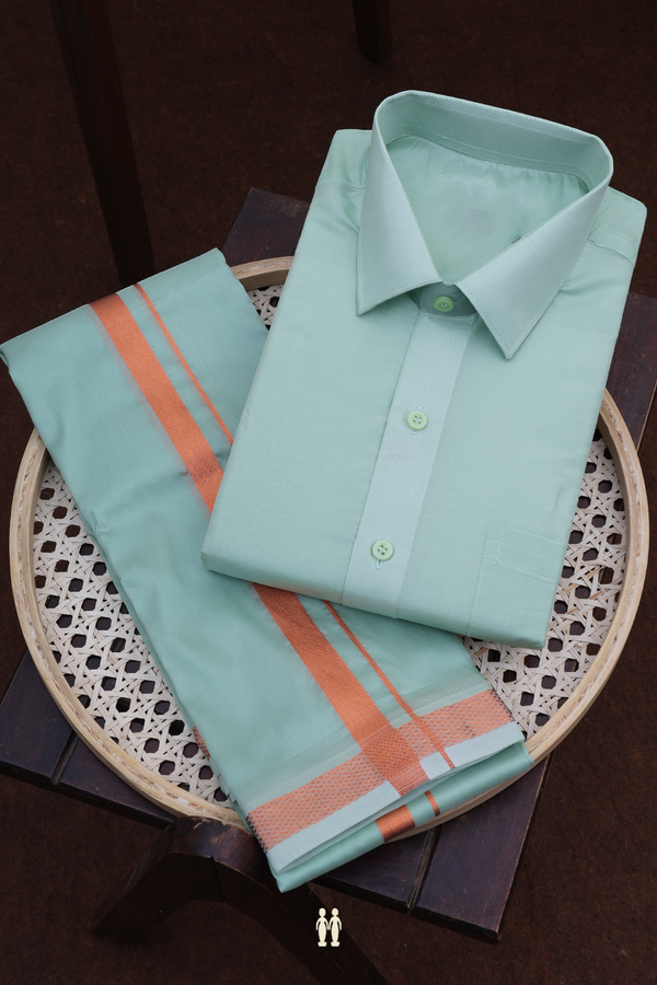 Regular Collar Dusty Green Art Silk Shirt With Dhoti Set
