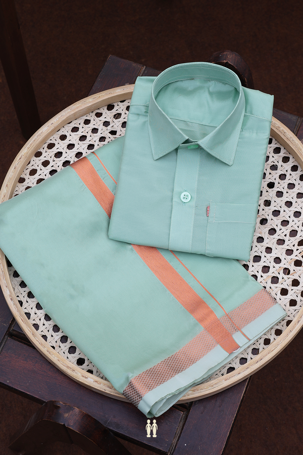 Regular Collar Dusty Green Art Silk Shirt With Velcro Dhoti Set