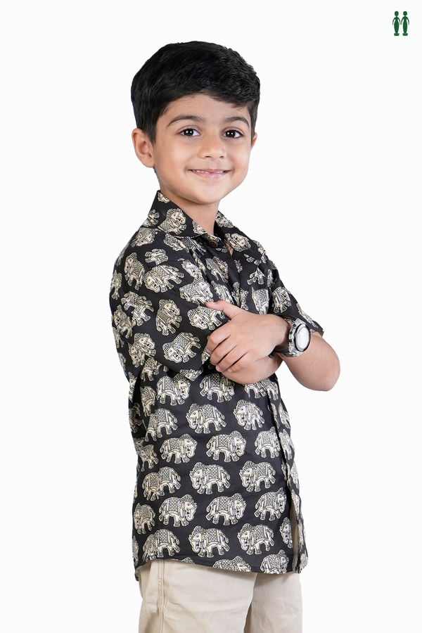 Regular Collar Elephant Design Black Cotton Shirt