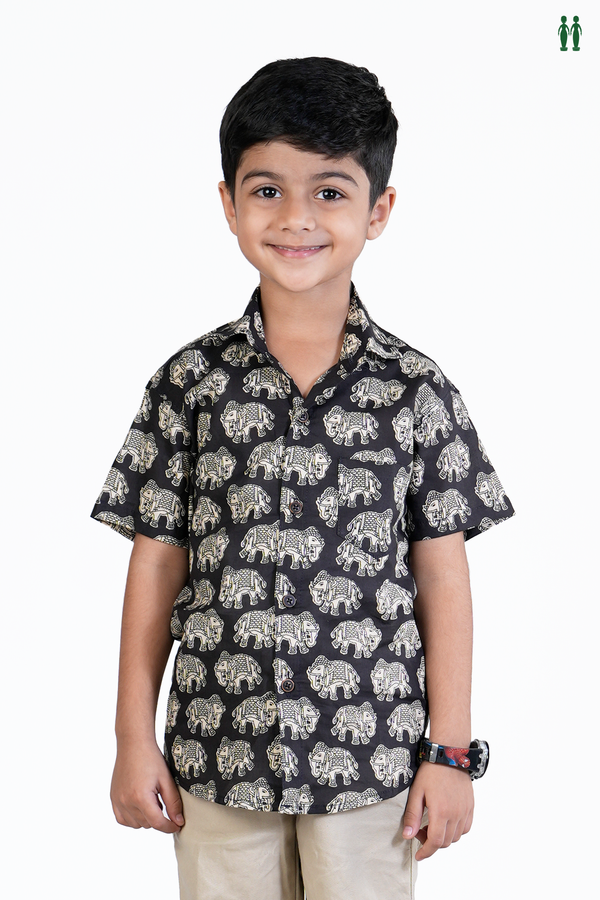 Regular Collar Elephant Design Black Cotton Shirt