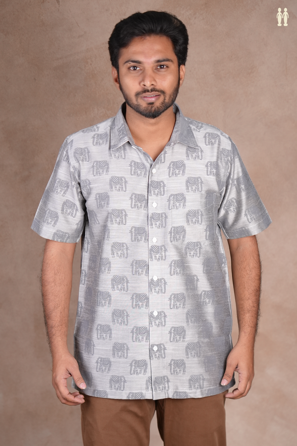 Regular Collar Elephant Design Grey Raw Silk Shirt