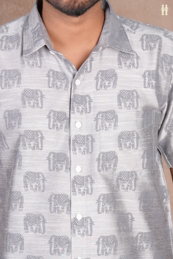 Regular Collar Elephant Design Grey Raw Silk Shirt