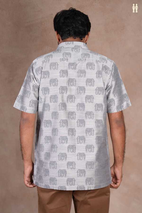 Regular Collar Elephant Design Grey Raw Silk Shirt