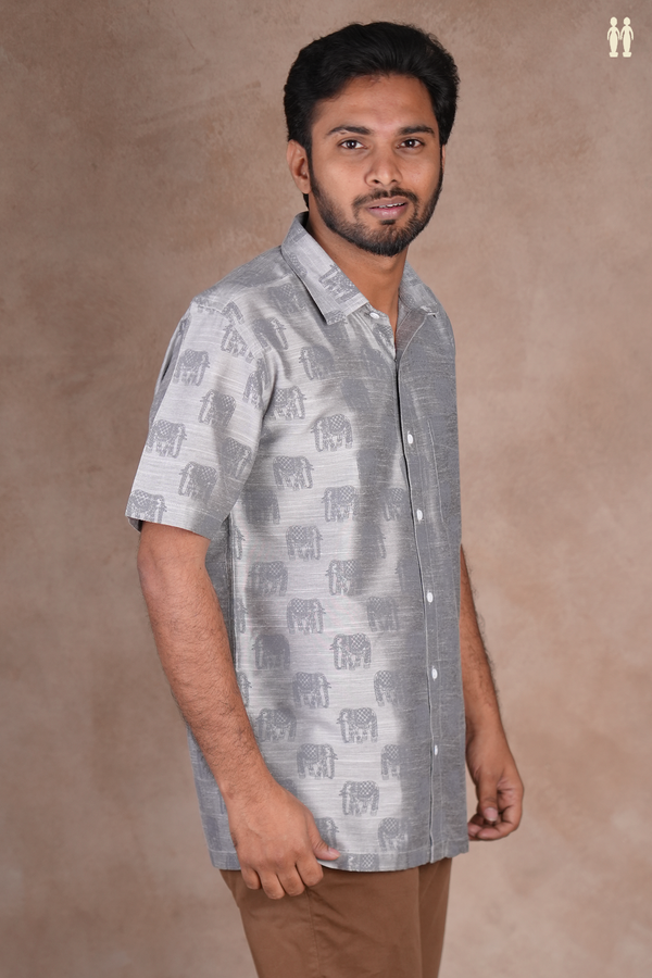 Regular Collar Elephant Design Grey Raw Silk Shirt