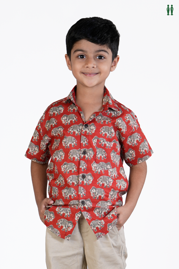 Regular Collar Elephant Design Red Cotton Shirt