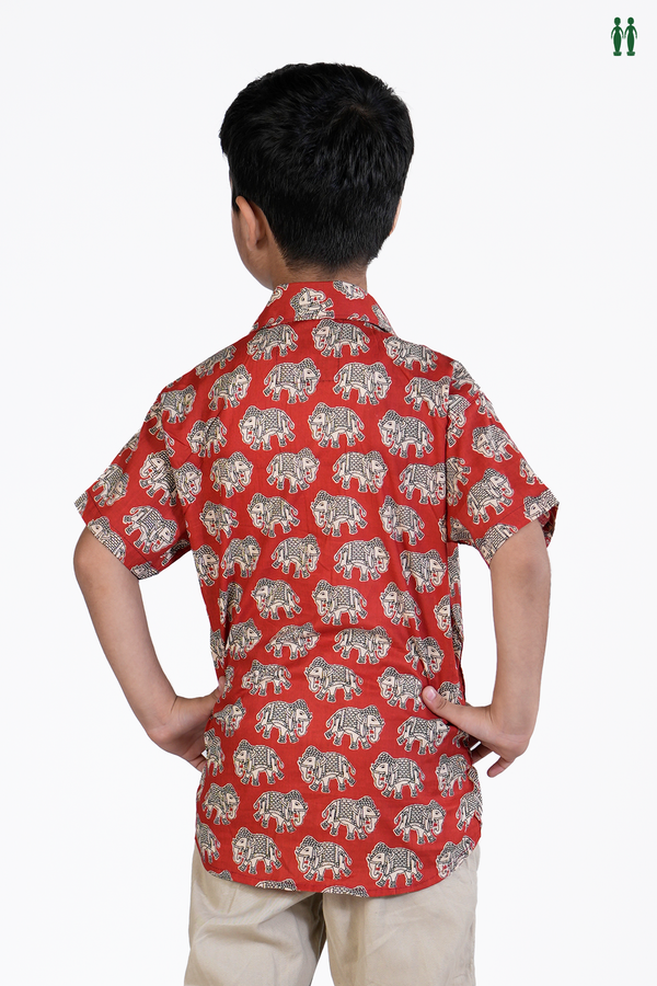 Regular Collar Elephant Design Red Cotton Shirt