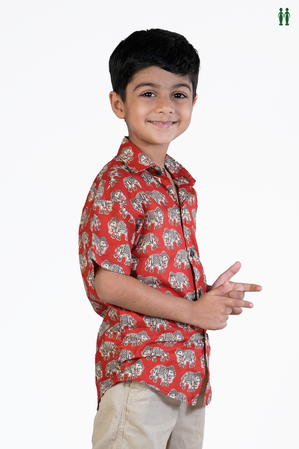 Regular Collar Elephant Design Red Cotton Shirt