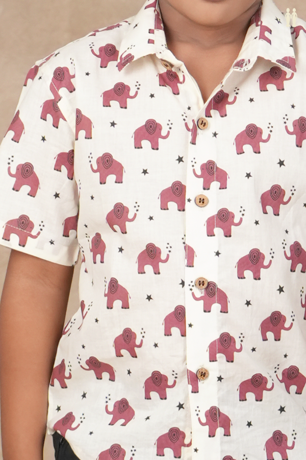 Regular Collar Elephant Design White Cotton Shirt