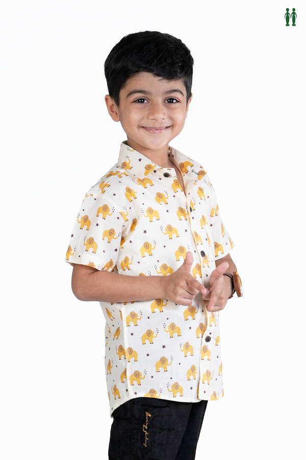 Regular Collar Elephant Design White Cotton Shirt