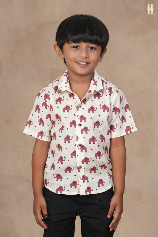 Regular Collar Elephant Design White Cotton Shirt