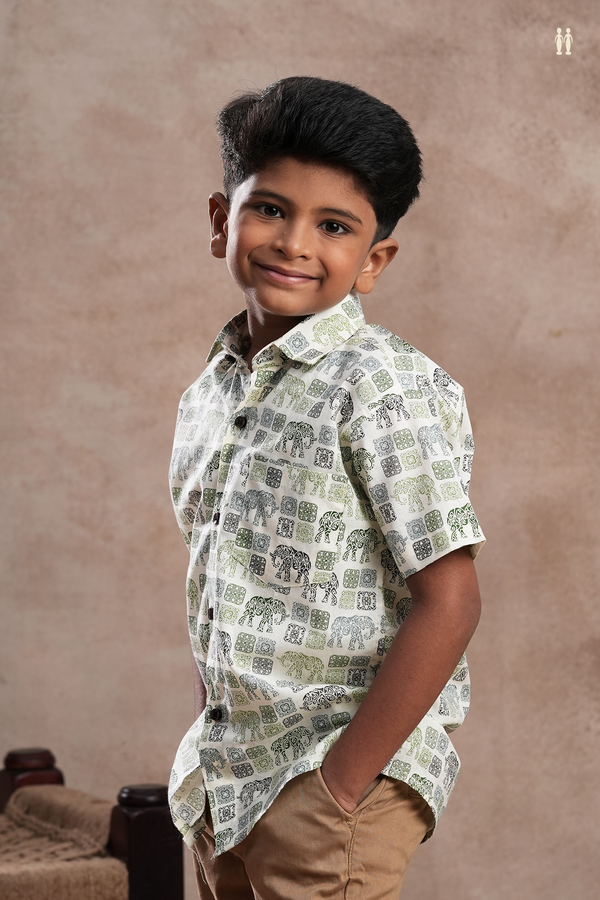 Regular Collar Elephant Printed Off White Cotton Shirt