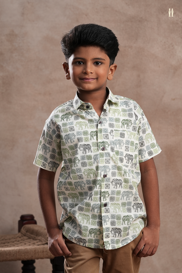 Regular Collar Elephant Printed Off White Cotton Shirt