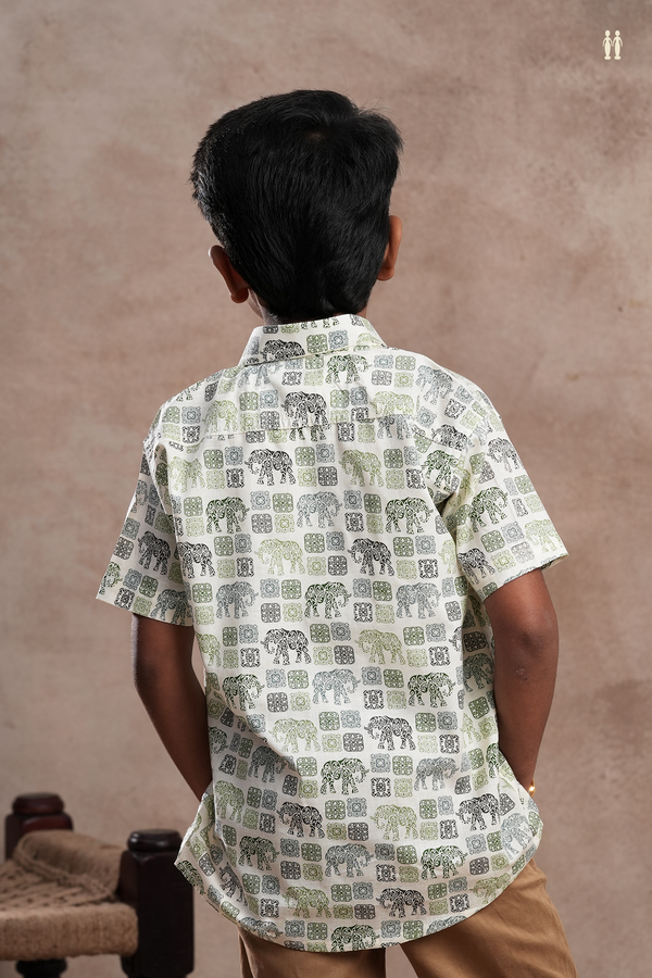 Regular Collar Elephant Printed Off White Cotton Shirt