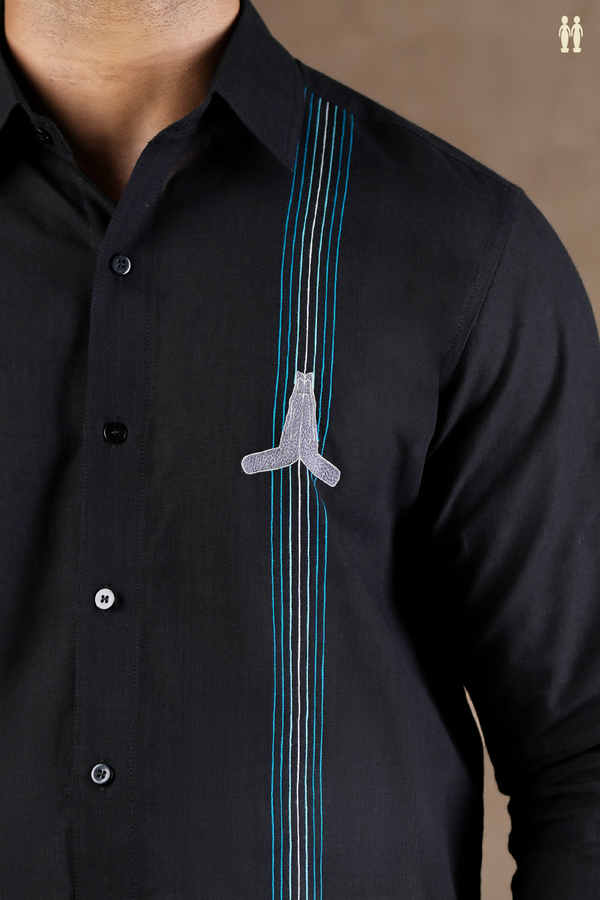 Regular Collar Embroidered Design Black Cotton Shirt