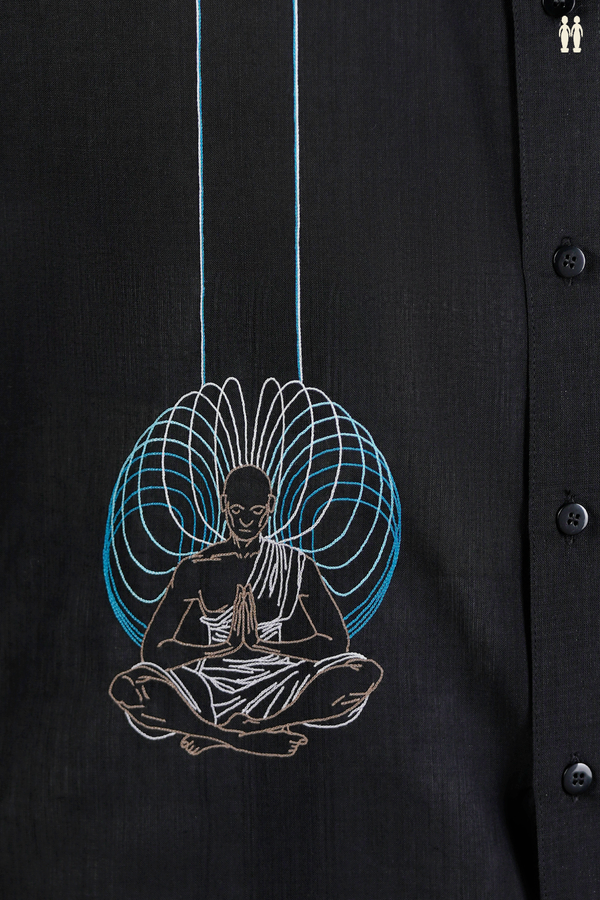 Regular Collar Embroidered Design Black Cotton Shirt