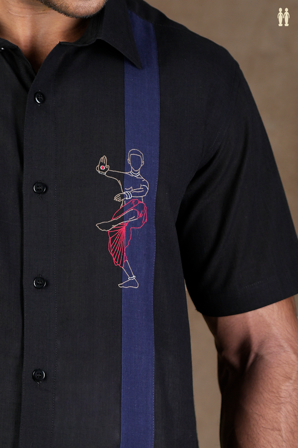 Regular Collar Embroidered Design Black Cotton Shirt