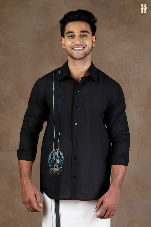 Regular Collar Embroidered Design Black Cotton Shirt