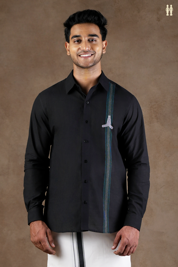 Regular Collar Embroidered Design Black Cotton Shirt