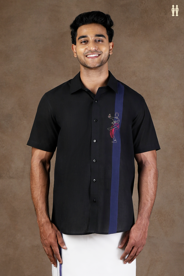 Regular Collar Embroidered Design Black Cotton Shirt
