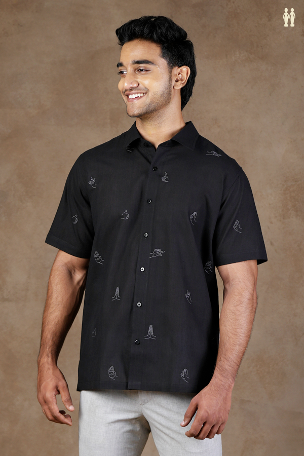 Regular Collar Embroidered Design Black Cotton Shirt