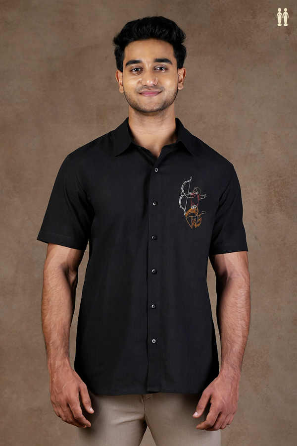 Regular Collar Embroidered Design Black Cotton Shirt